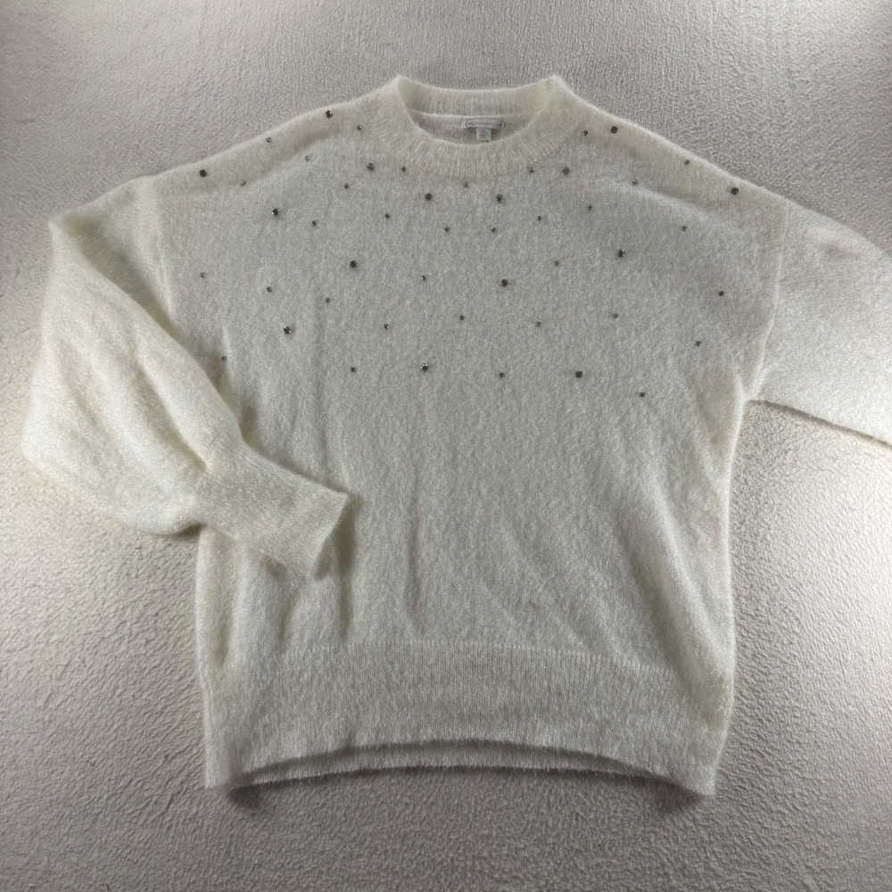 Cato Sweater Women XL White Good Rhinestone Fuzzy Eyelash Knit Relaxed Pullover